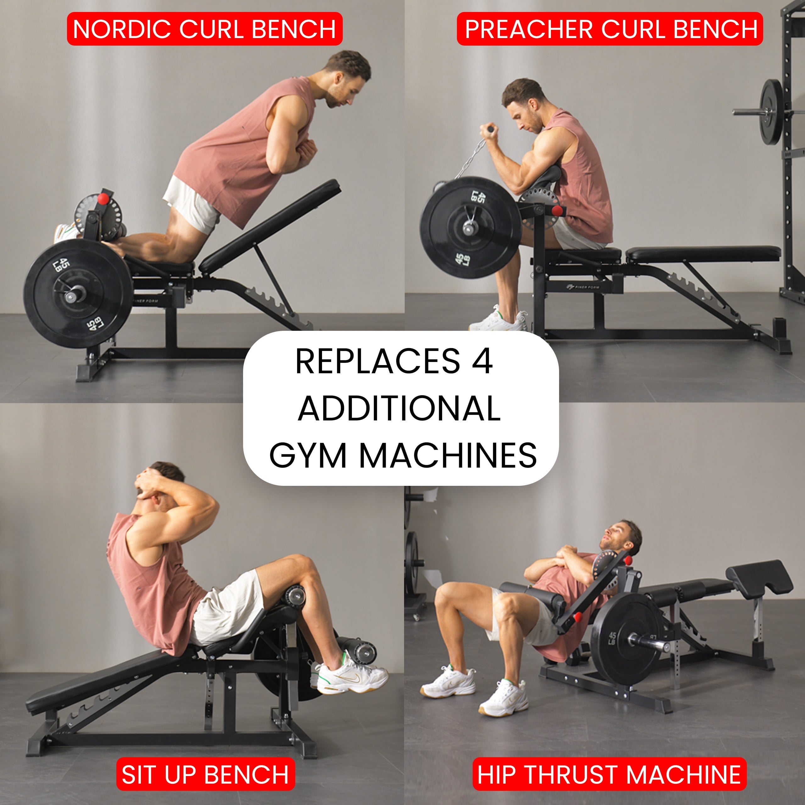 Finer Form GLX Adjustable Weight Bench with Leg Extension and Curl Machine, Total Body Bench for Home Gym, Great for Bench Press, Sit Ups, Preacher Curl, Hip Thrusts and Other Plate-Loaded Exercises