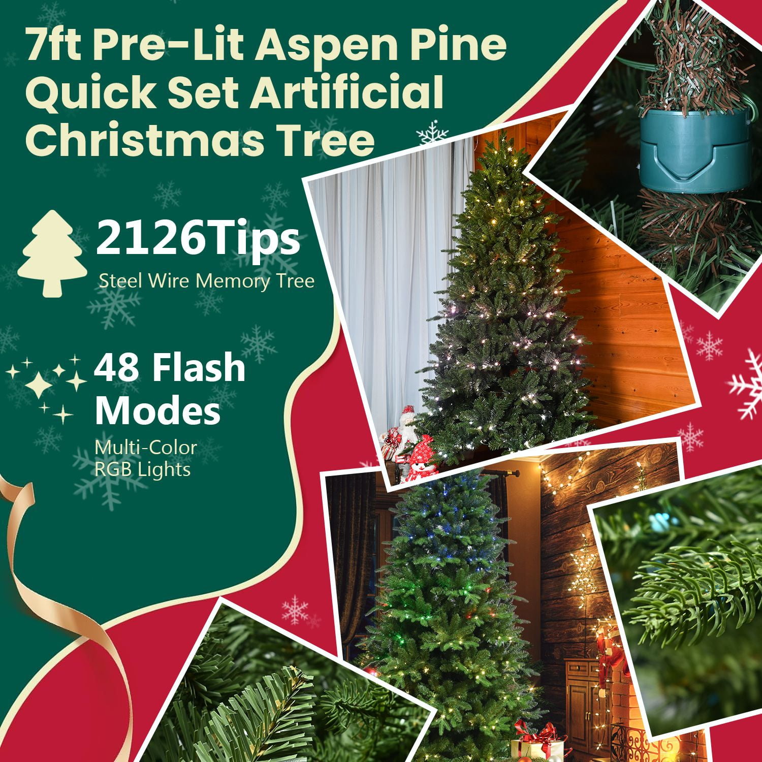 7ft Prelit Christmas Tree with Remote Control, Artificial Fake Christmas Tree with 340 Multi-Color LED Lights, 48 Color Modes, 2126 PE & PVC Mixed Branch Tips, Xmas Tree