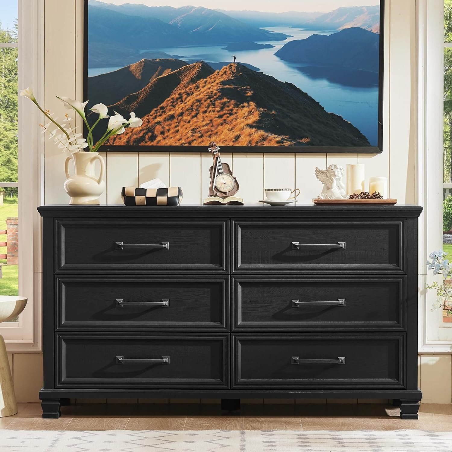 LELELINKY 6 Drawer Dresser for Bedroom, Chest of Drawers Wood Storage Cabinet for Living Room, Black