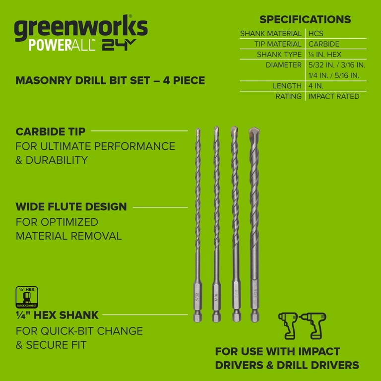 Greenworks 4-Piece Carbide Masonry Drill Bit Set, Impact-Rated photo 5