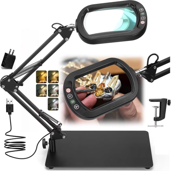 Veemagni Square Magnifying Glass with Light and Stand - Real Glass LED Magnifier with Clamp, 5 Color Modes Stepless Dimmable Hands-Free Desk Lamp for Reading Craft Hobby Close Work