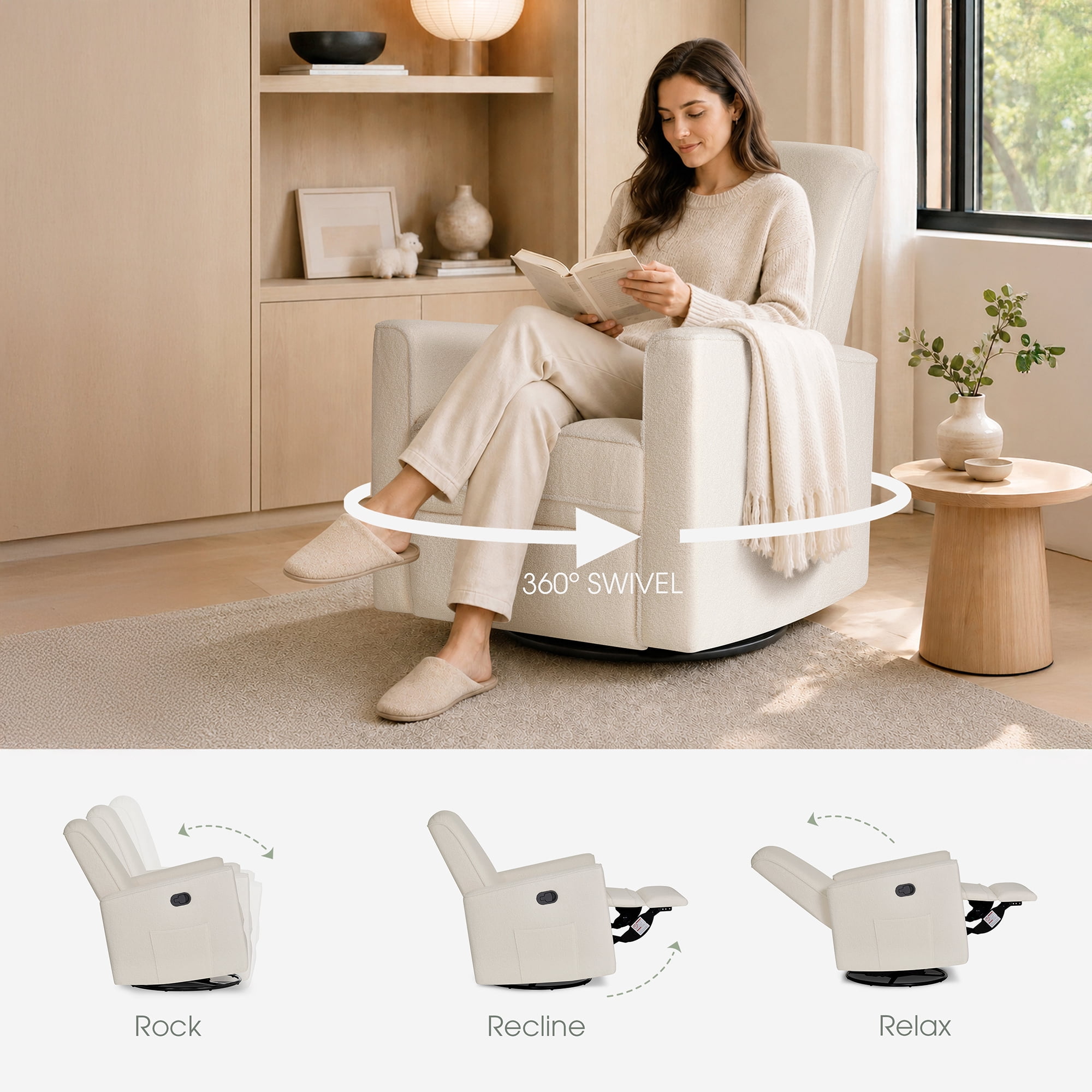 Evolur Raleigh Basic Glider |Recliner| Rocker, Plush Ivory
