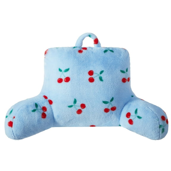 Mainstays Blue Faux Fur Backrest Pillow – Red Cherry Pattern, 32.5" L x 10" W x 18" H