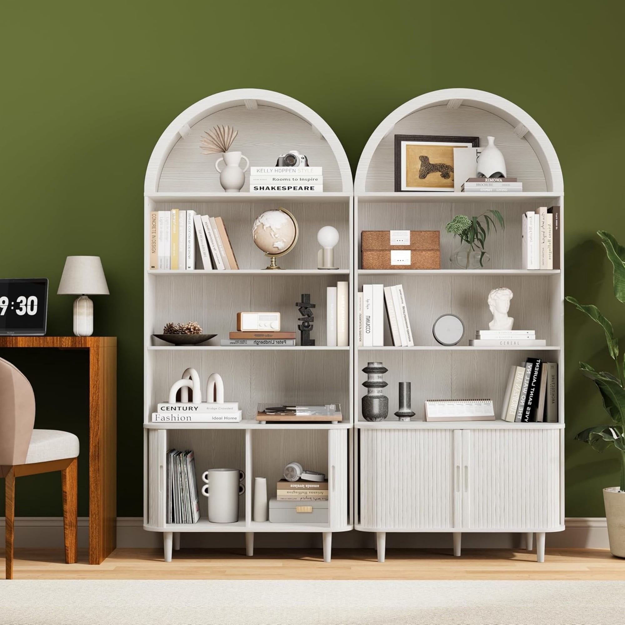 71" Tall Arched Bookshelf, 5 Tier Modern Farmhouse Bookcase with Sliding Doors & Adjustable Shelves, Wood Display Cabinet, White