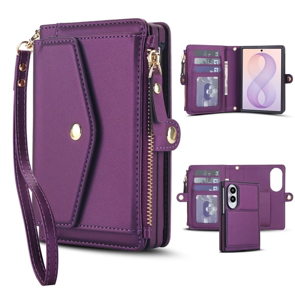 Dteck for Samsung Galaxy Z Fold8 Detachable Magnetic Phone Case Wallet with RFID Blocking Card Holder, PU Leather Zipper Pocket Purse with Lanyard,Purple