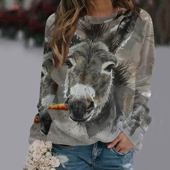 Wancir Women Comfy Sweatshirt Donkey Print Solid Crew Neck Long Sleeve Cute Pullover Top