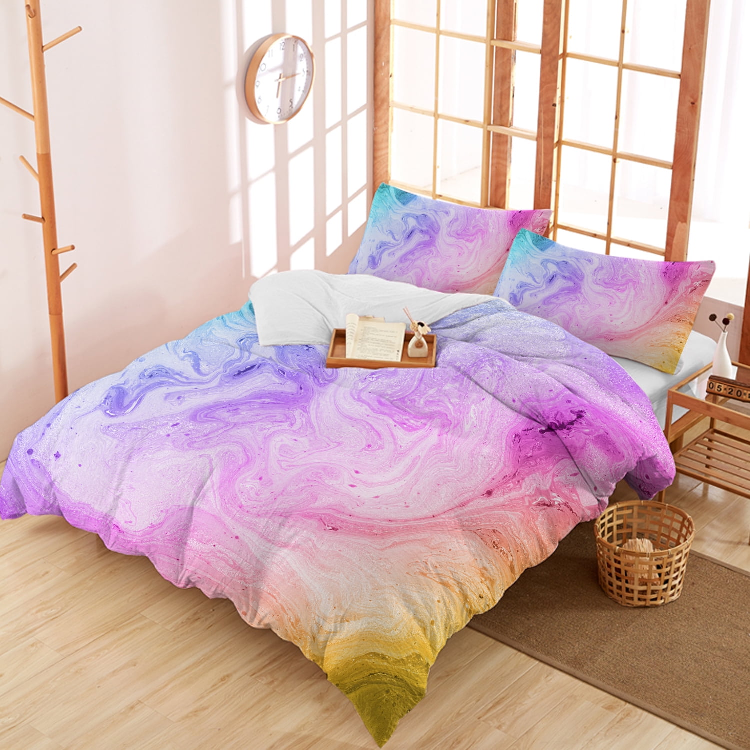 Arightex 3 Pieces Twin Size Tie Dye Microfiber Pastel Pink Purple Marble 3D Pattern Bedding Duvet Cover Set for Teen Girls