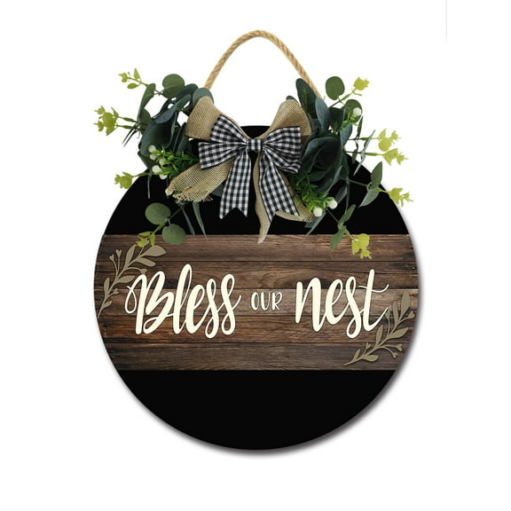 Bless Our Nest Sign for Front Door, Decor for Farmhouse Porch Decorations, Round Wooden Hanging Sign Housewarming Gift for Home Outdoor Indoor