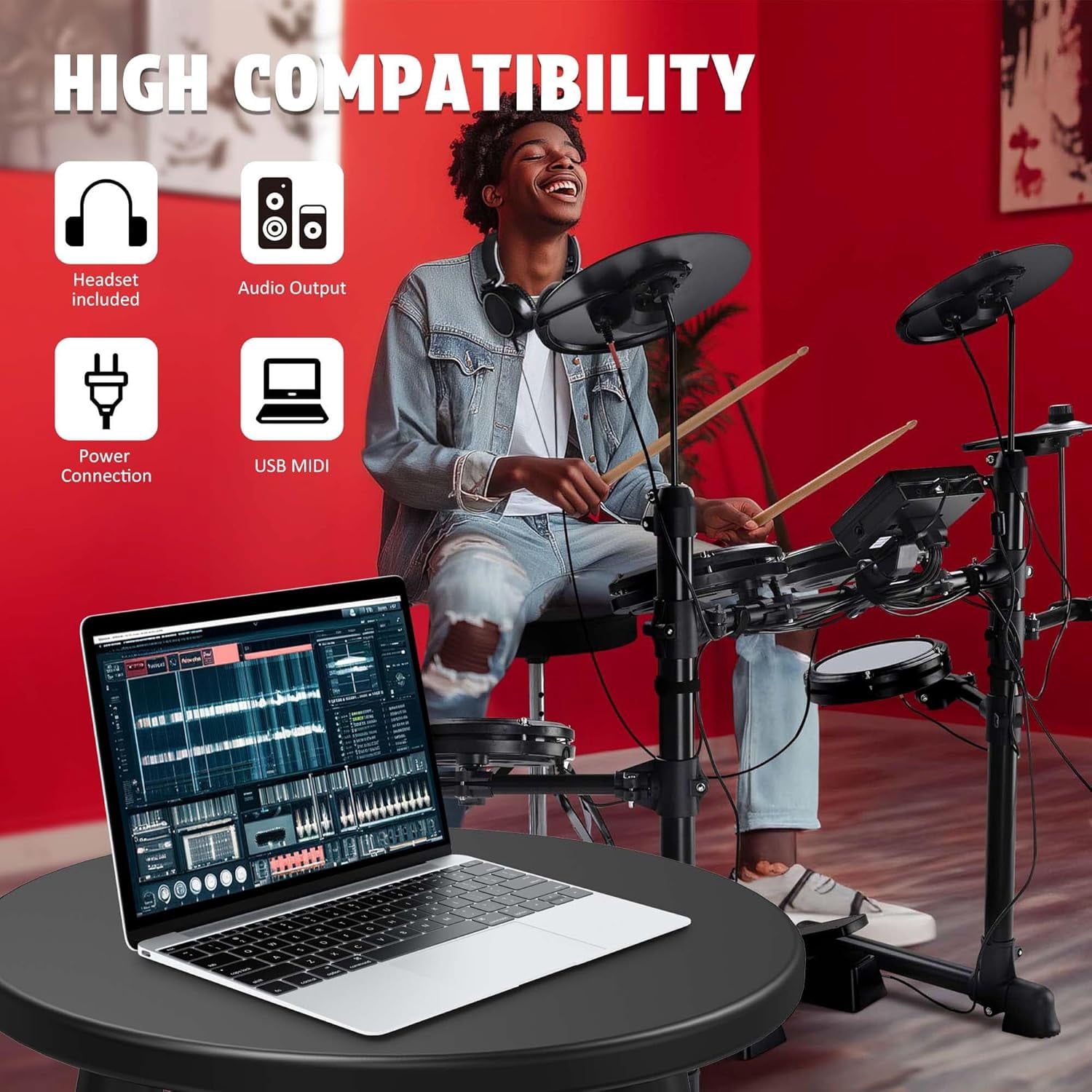 AW Electric Drum Set Adult Digital Silent Drum Kit 8" with Throne 165 Sounds 30 Demo Quiet Mesh Pad Drum Stool Stick Recording Beginner for Apartment