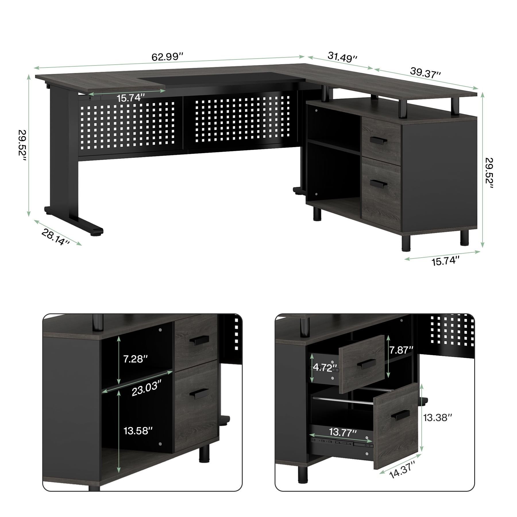 Tribesigns 63 Inch Executive Desk with File Cabinet, L Shaped Computer Desk with Drawers and Storage Shelves, Large Office Desk Business Furniture Desk Workstation for Home Office, Gray and Black