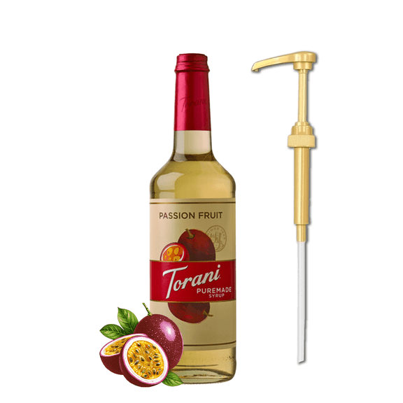 Torani Passion Fruit Puremade Flavouring Syrup, 25.4 fl oz (750ml) Glass Bottle Absol Gold Pump