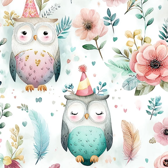 Peel and Stick Wallpaper Cute Owls Hats Floral Feather pink flowers pastel Wall Mural 23.6in x 9.8ft Self Adhesive Removable Wall Paper Renter Friendly Wallpaper for Kids Bedroom Nursery