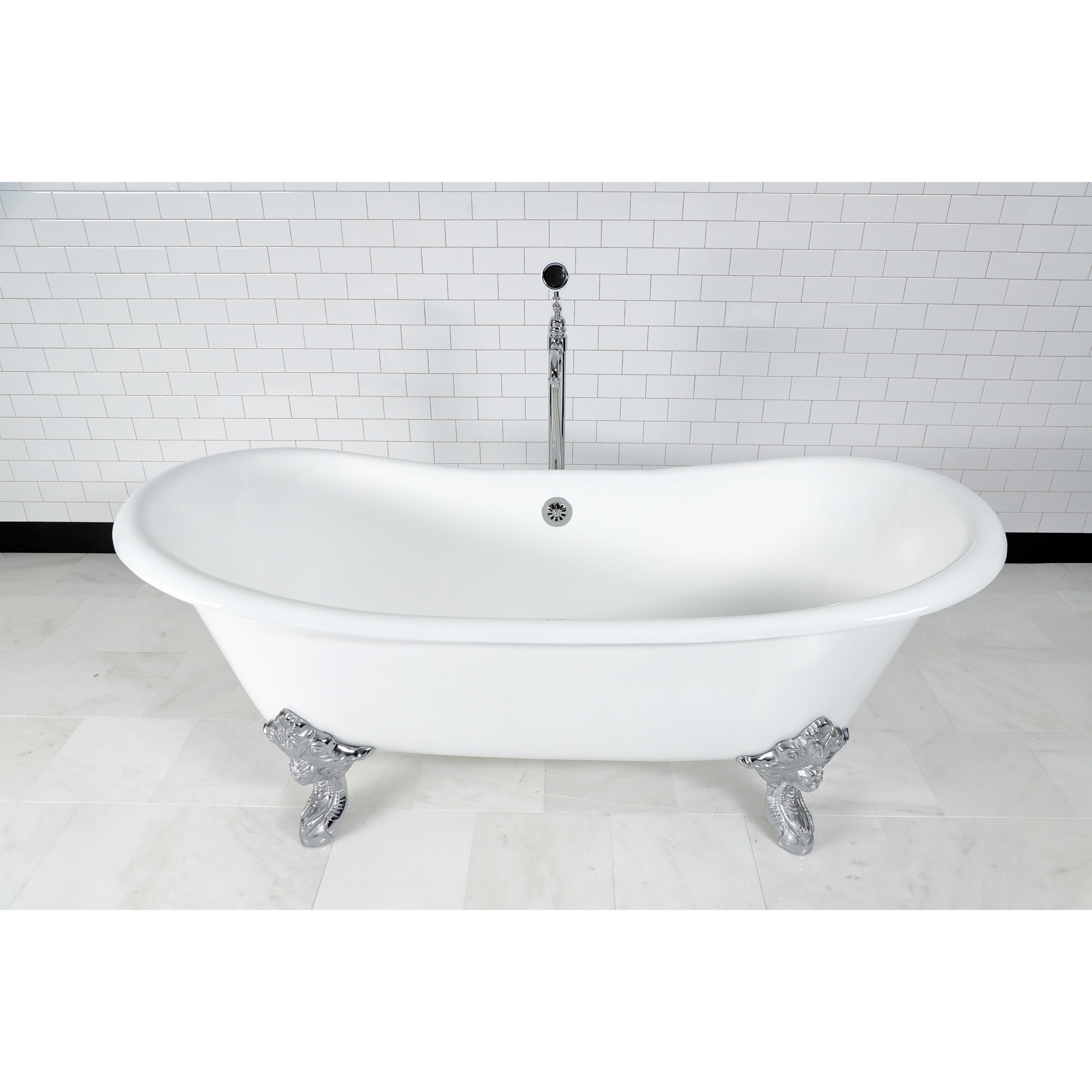 Aqua Eden VCTNDS7231NL1 72" Cast Iron Oval Double Slipper Clawfoot Tub (No Faucet Drillings), White/Polished Chrome
