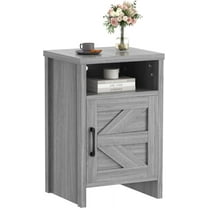 YEXJ Farmhouse Nightstand, Modern Bedside Table with Barn Door and Shelf, Rustic End Table Side Table for Bedroom, Living Room-1-Grey