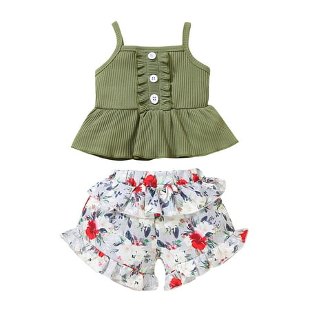 

Emmababy Infant Baby Girl Summer Clothes Set Knitted Vest Ruffles Flower Shorts Outfits Costumes