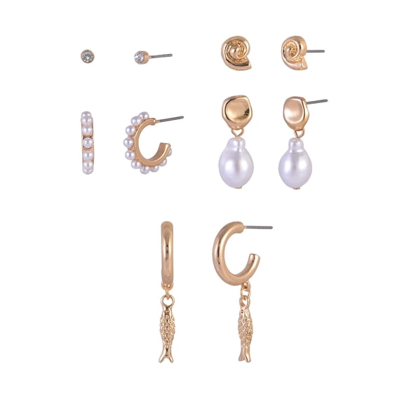 Time and Tru Goldtonev5-On Acrylic Pearl Metal Fish Drop Stacker Earring Set