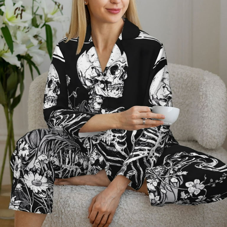 Pajamas for Women Set - Gothic Skull Floral Art Comfy Long