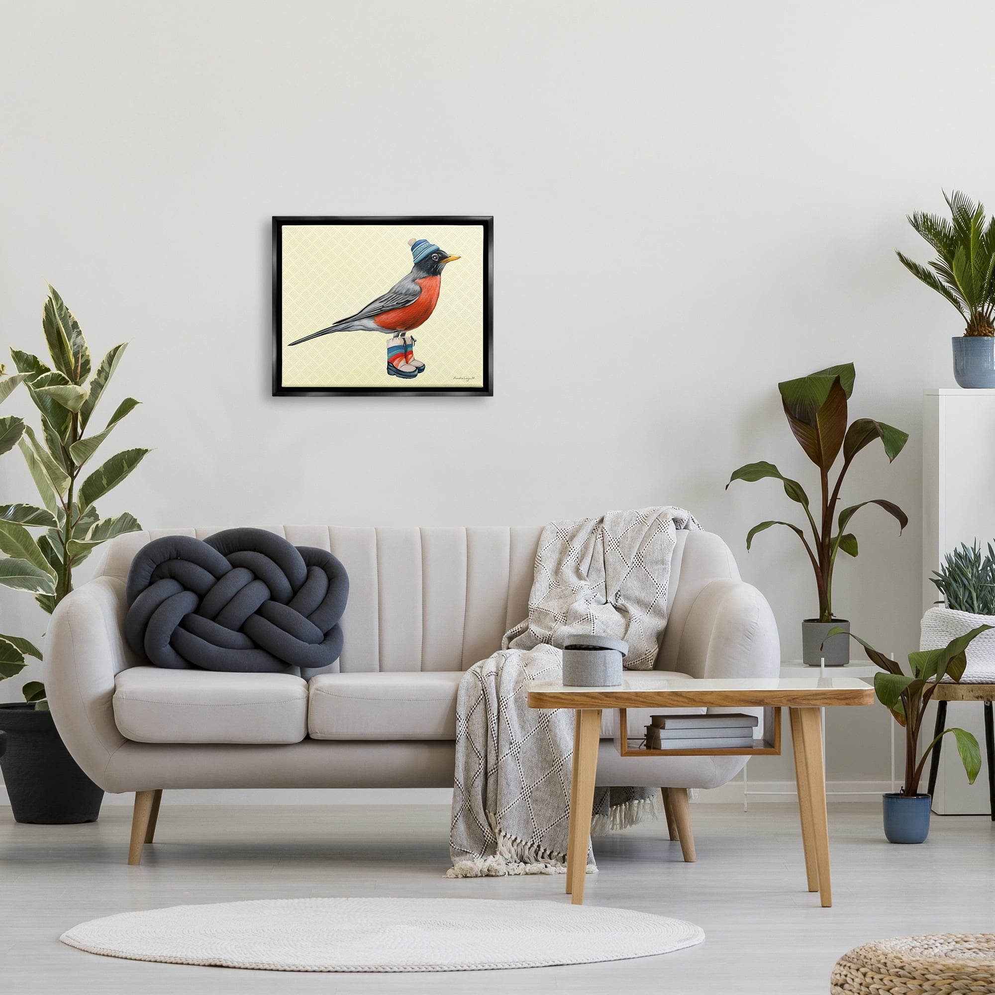 Stupell Industries Robin Cozy Winter Boots Hat Yellow Hatched Pattern Graphic Art Luster Gray Floating Framed Canvas Print Wall Art, Design by Amelie Legault