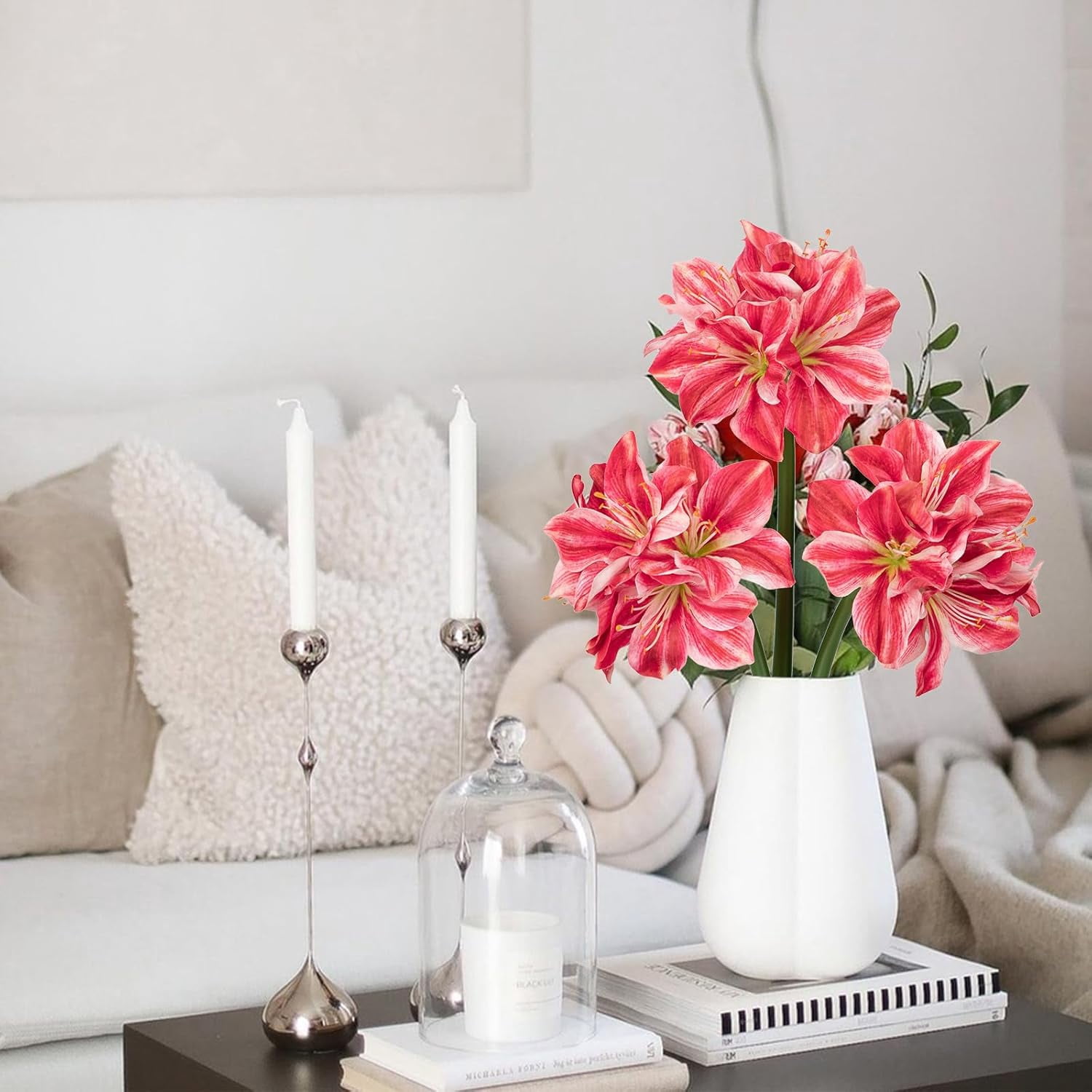 Briful 3PCS Amaryllis Artificial Flowers 17.3 Inch Faux Amaryllis Flowers Stems with 4 Heads Silk Floral Bouquet for Home Room Table Centerpiece Wedding Party Arrangements(Light Red)