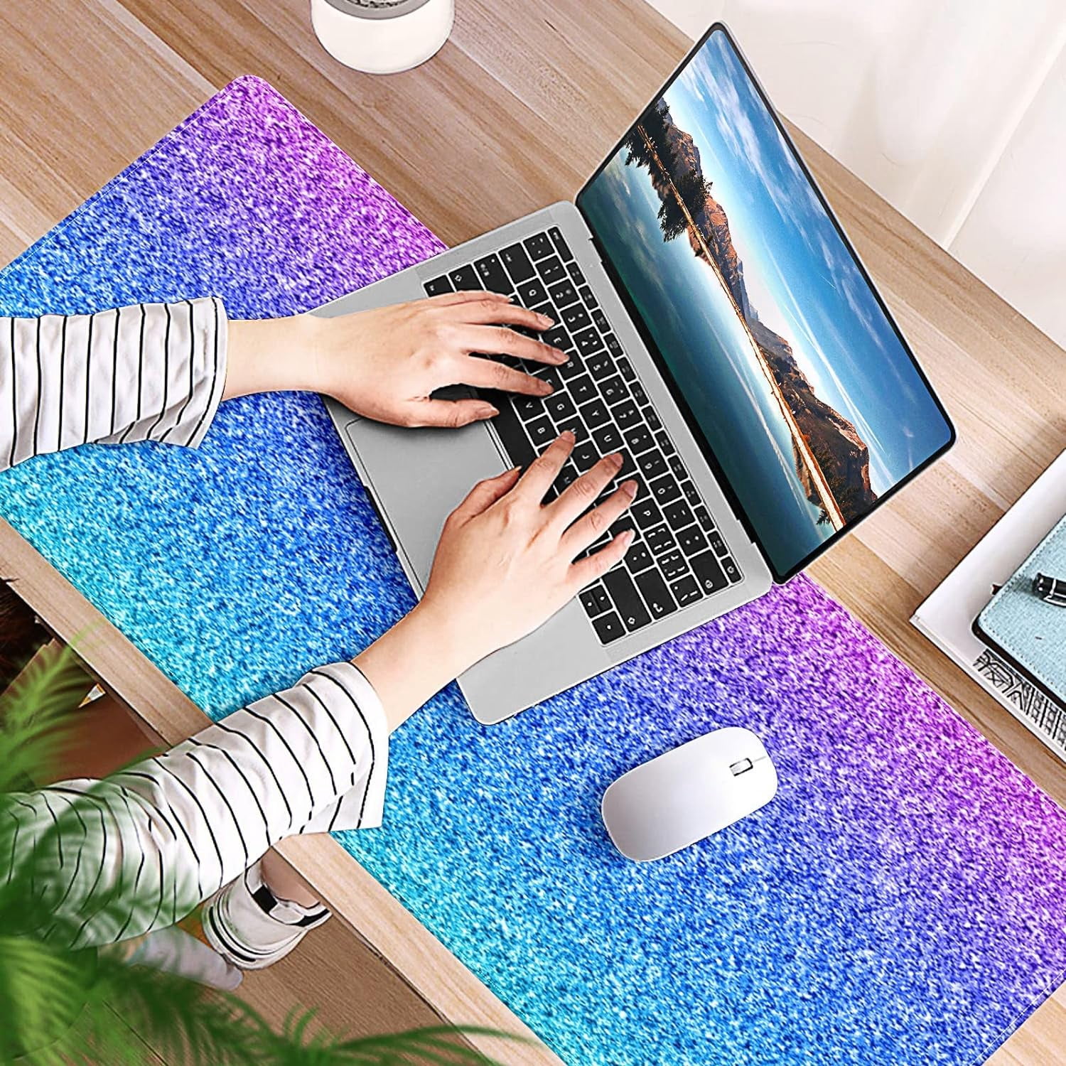 Rainbow Shine Glitter Desk Mat, Desk Accessory, Cute Workspace, Trendy Workspace, Trendy, 35.4x15.7in Large Gaming Mouse Pad, Cute Desk Topper, Pretty Desk Pad