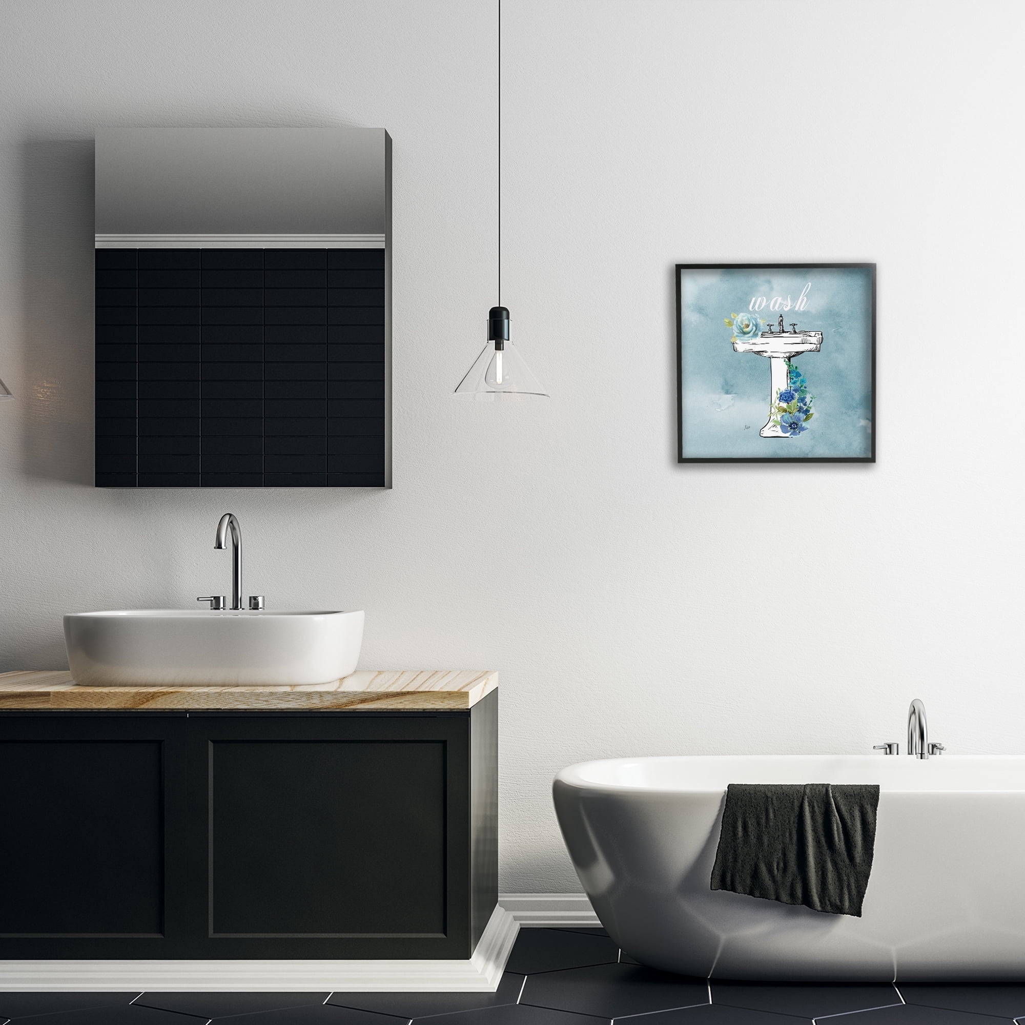 Stupell Industries Floral Bathroom Rules Wash Black Framed Giclee Art, design by Nan