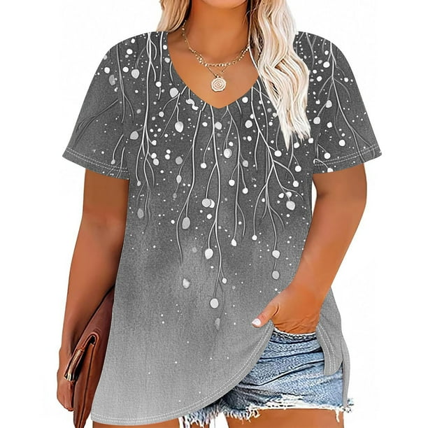 Camisetas Casuales de las Mujeres Más Tamaño V-Cuello Impresión Manga Corta Color Sólido Base de Verano Superior, Ligero para Diario