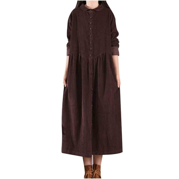 Efsteb Fall Dresses For Women Button Lapel Corduroy Dresses High Waist Winter Fashion Vintage Dress Midi Shirt Dress with Pockets (Brown,XXL)