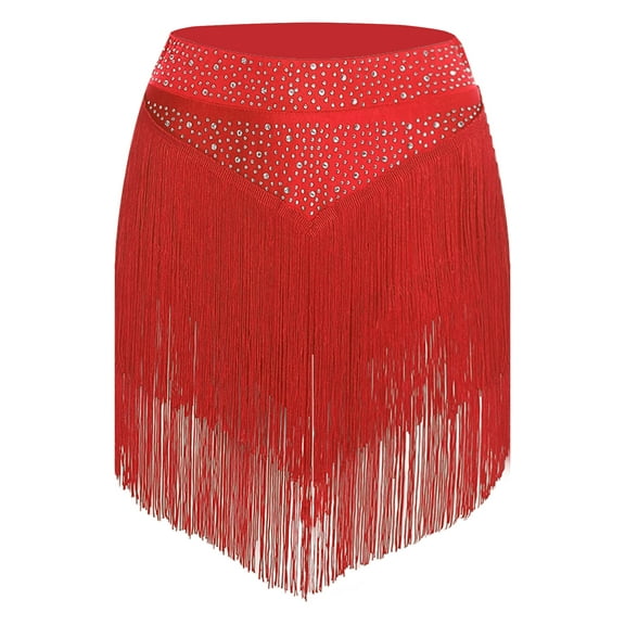 Lejafay Women's Fringe Mini Skirt Latin Tango Rumba Salsa Cha-Cha Jazz Dancewear Red XL