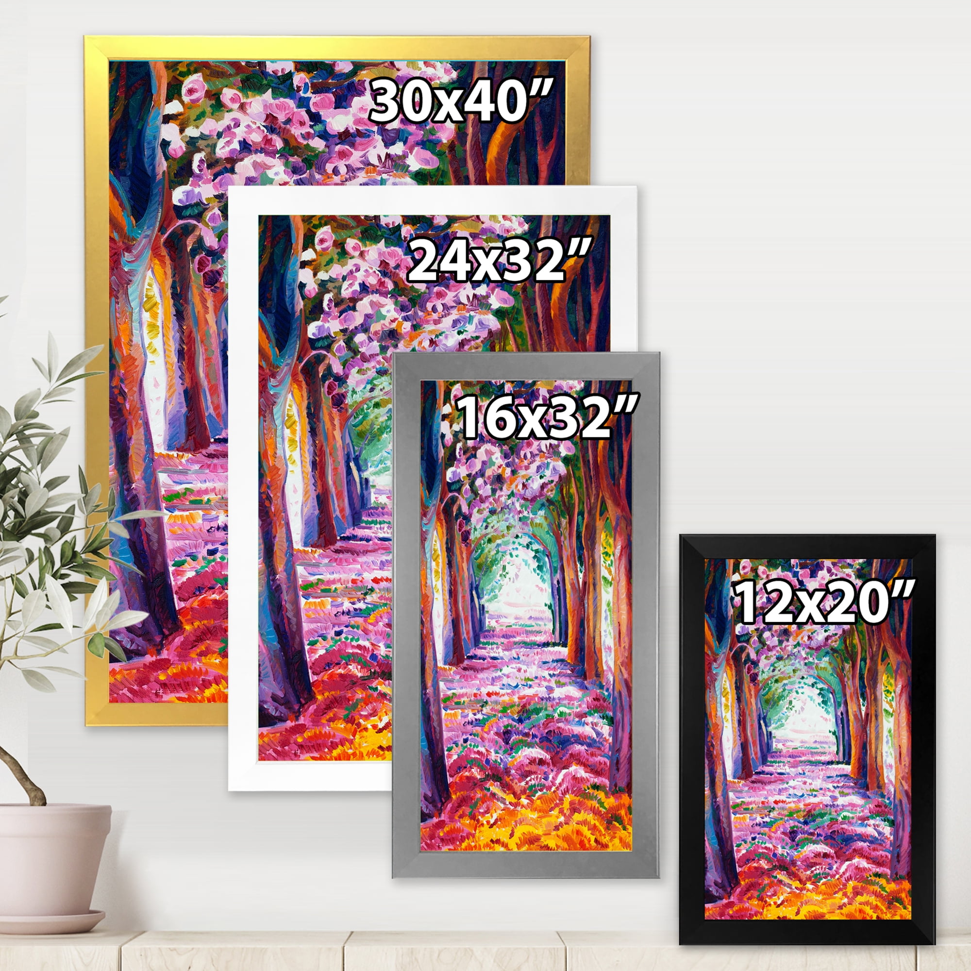 Pink Flowering Colorful Spring Forest 12 in x 20 in Framed Painting Canvas Art Print, by Designart