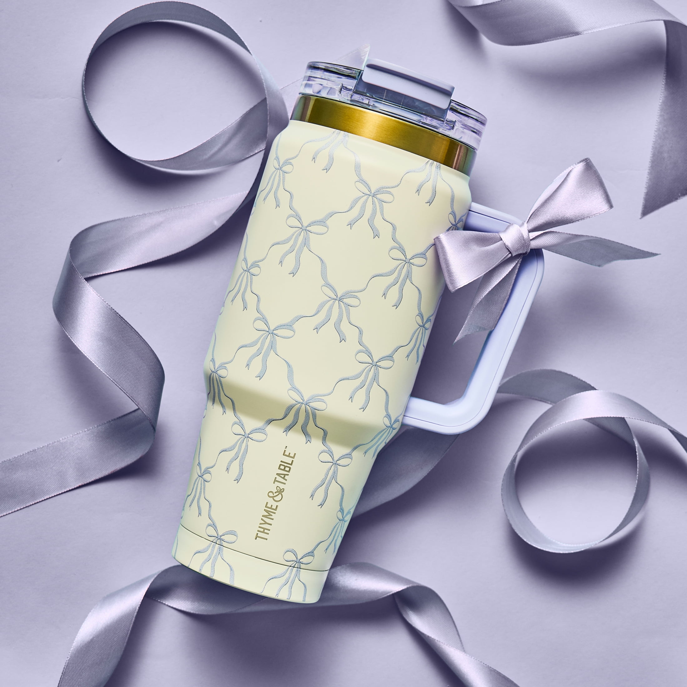 Thyme & Table 32oz Stainless Steel Luna Tumbler with Handle and Dual Straw Lid, Bow Lattice