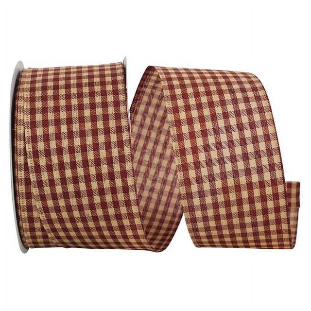 Reliant Ribbon 90366W-090-40J 20.5 in. 25 Yards Tea Dye Gingham 3 Wired Edge Ribbon, Burgundy