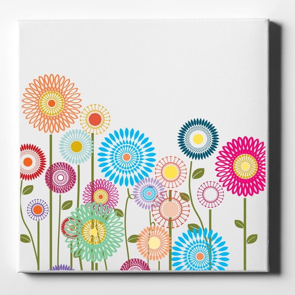 Cartoon Wildflowers Stems Leaves - 10" x 10" - Decorative Canvas Wall Art - White Edge - 5/8" Gallery Wrapped