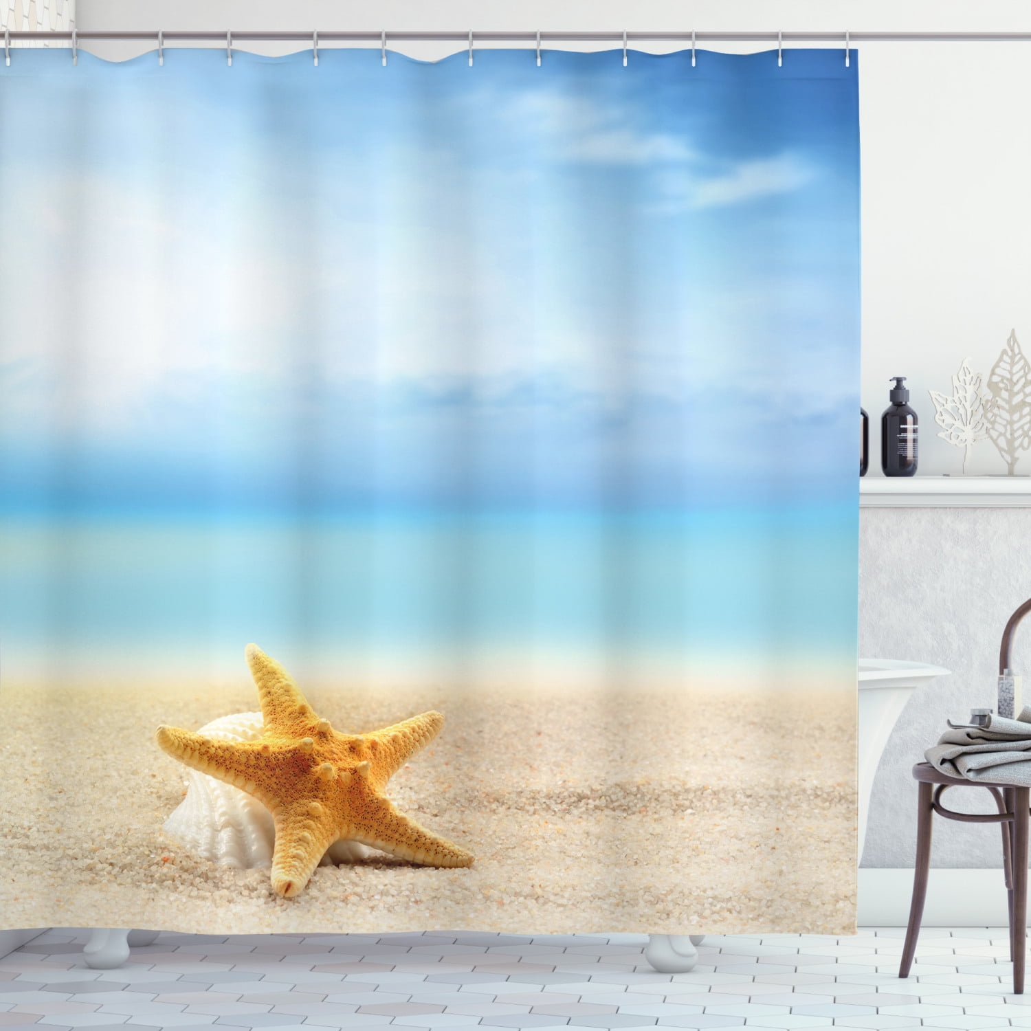Beach Ocean Starfish Shell Waterproof Fabric Bathroom Shower Curtain & 12 Hooks 
