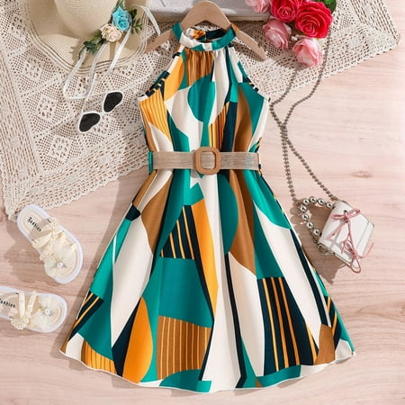 JIAYUE Spring Summer Child Girls Dresses Printed Halter Sleeveless Mid Length with Belt A-Line For Teens Seasonal Casual Dress