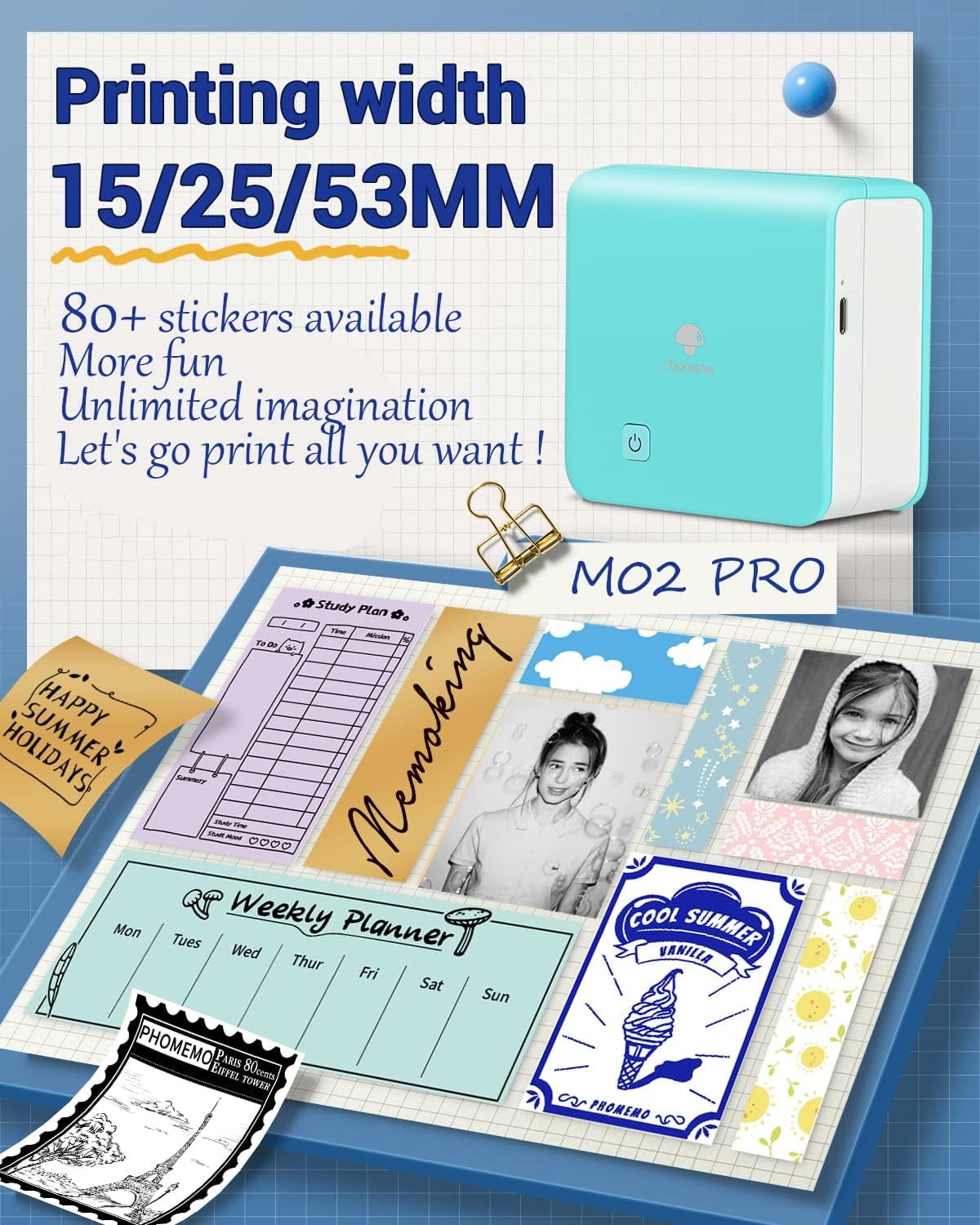Phomemo M02 Pro Portable Bluetooth Thermal Sticker Printer for Photo Printing, Study Notes, DIY Cards, and Creative Projects(Green)