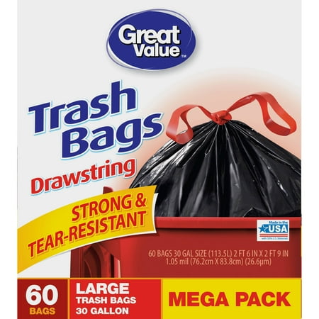 Great Value Large Drawstring Trash Bags, 30 Gallon, 60 Count