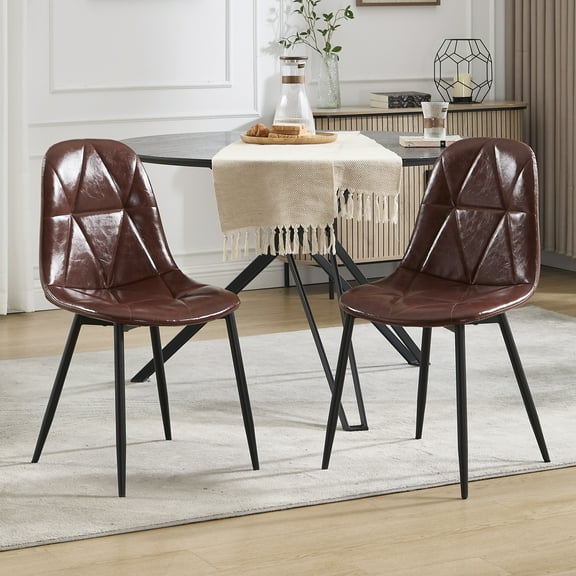 Dining Chairs Set of 2, Brown Faux Leather Kitchen Chairs with Metal Legs, Modern Dining Room Chairs, Easy Clean, 330lb Capacity