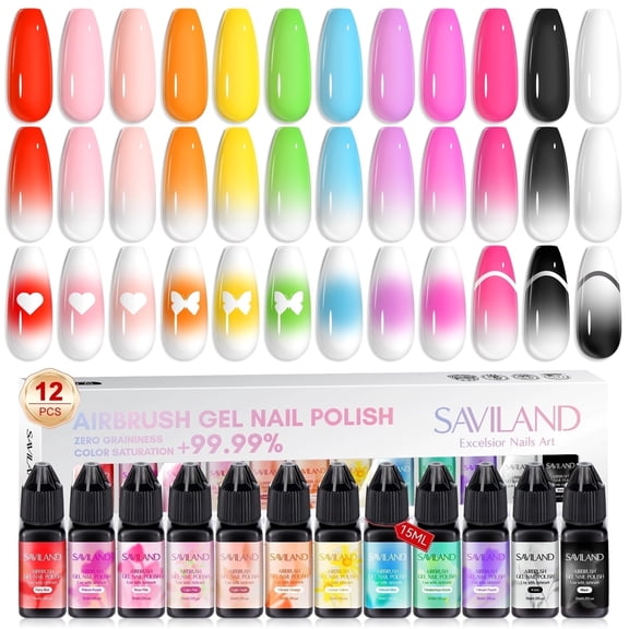 SAVILAND Airbrush Gel Nail Polish: 12 vitality Colors Set with Fine Mist Nail for Color Spray Perfect Nail Polish Nail Art Design