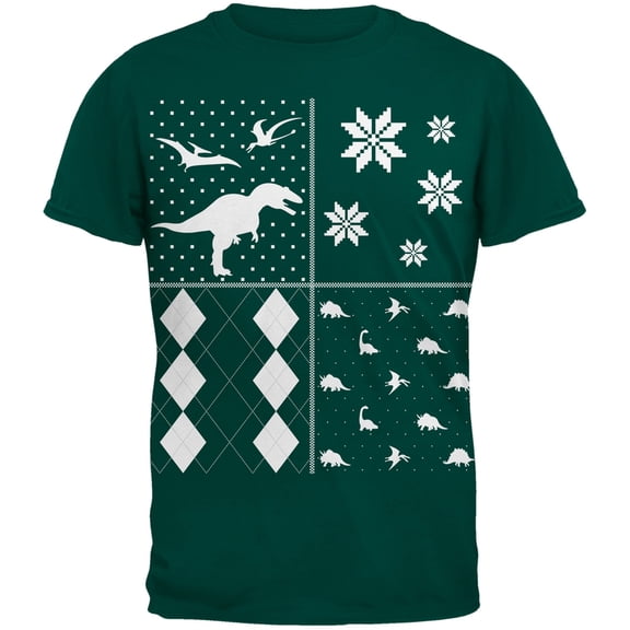 Dinosaurs Festive Blocks Ugly Christmas Sweater Dark Green Adult T-Shirt