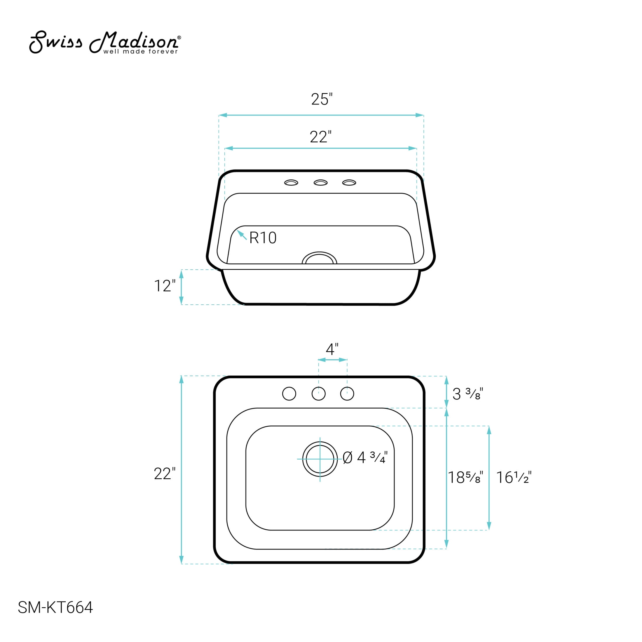 Ouvert 25 x 22 Stainless Steel, Single Basin, Top Mount Kitchen Sink