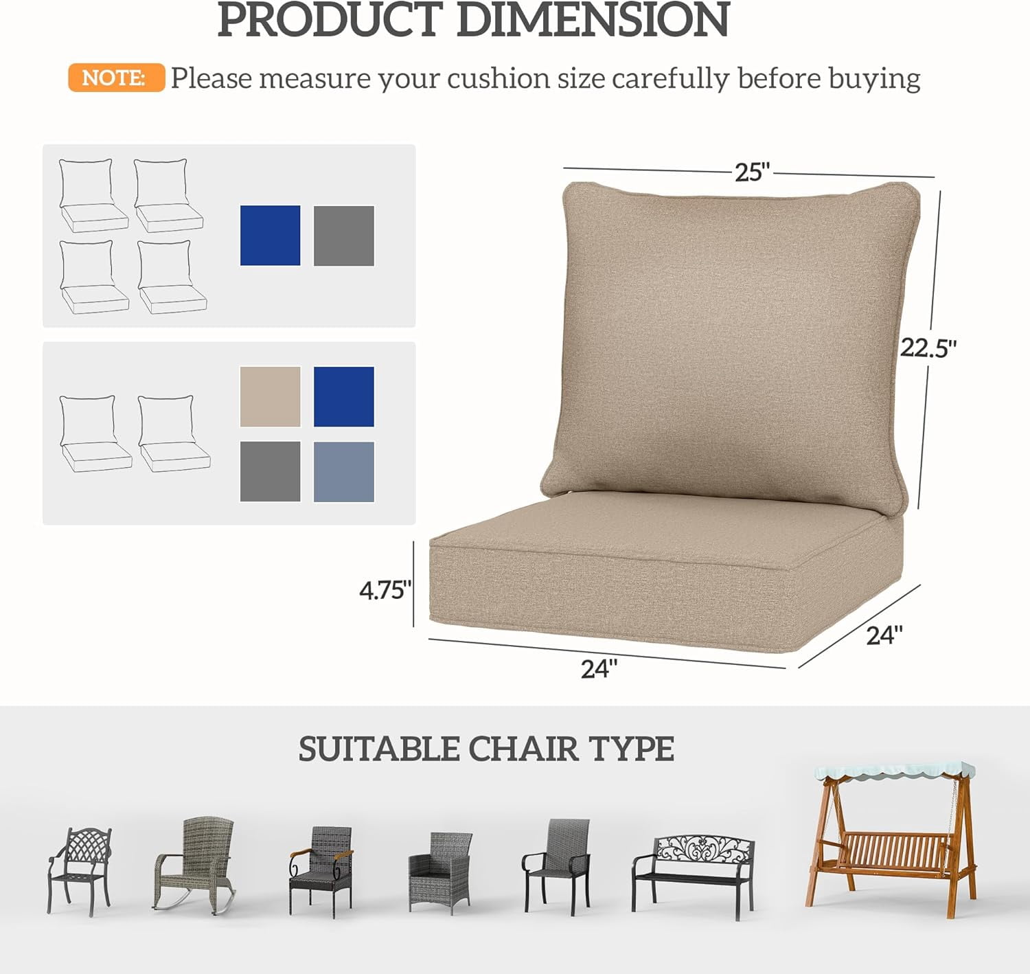 Outdoor Chair Cushions Set of 2, Fade Resistant, 24 x 24 in Deep Seat, Patio Cushions for Chair, Sofa, and Outdoor Furniture, Beige