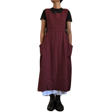 

Women Dress Casual Loose Solid Pinafore Long Straps Apron Cotton Linen Overall Dresses with Pockets