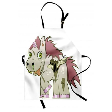 Zombie Apron Evil Unicorn Devil Face with Caterpillar Myth Legend Creature Scary Design, Unisex Kitchen Bib Apron with Adjustable Neck for Cooking Baking Gardening, Green Dried Rose, by Ambesonne