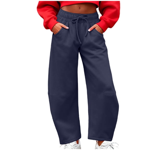 HongQid Women's Barrel Leg Pants Elasticated Waistband Soft Wide Leg Pants with Pockets Casual Sweatpants