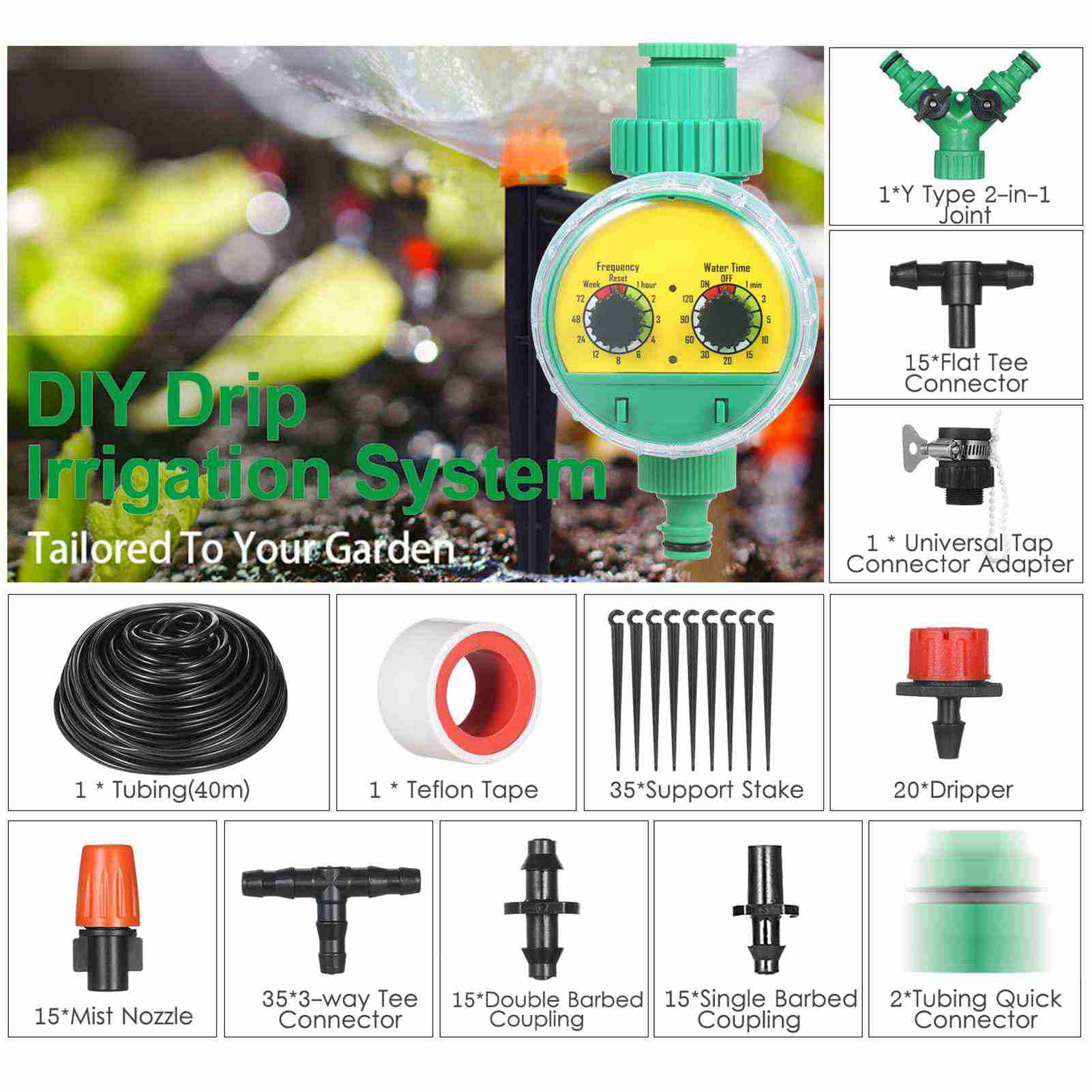 Kit Plant Watering Drip Irrigation Kit DIY Watering System With Nozzles Misters Drippers 40 Meters Tubing For Garden Lawn Patio