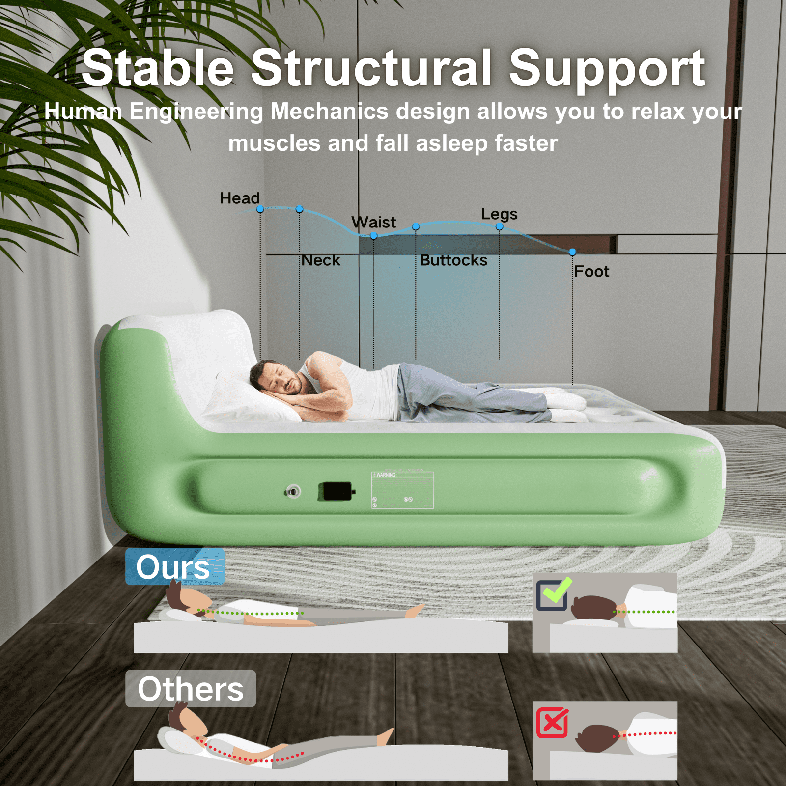 Queen Air Mattress with Headboard,Built in Pump,18”Self Inflating Air Bed for Family Guest Travel Camping,Green