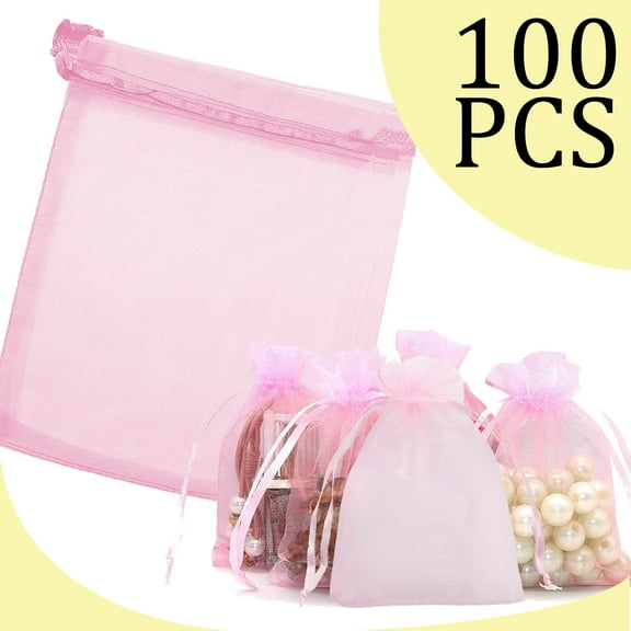 100Pcs Pink Sheer Organza Gift Wrap Bags, 7x5 inch Clear Tulle Fabric Mesh Drawstring Bags For Festival Gift Wedding Birthday Baby Shower Party Girls Graduation And Jewelry Bracelets Candy Party Favor