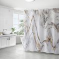 thumbnail image 1 of Juegos de baño de mármol con cortina de ducha, cortina de ducha de baño blanca dorada gris abstracta, cortina de ducha de mármol moderna, decoración de baño azul blanco gris, 1 of 5