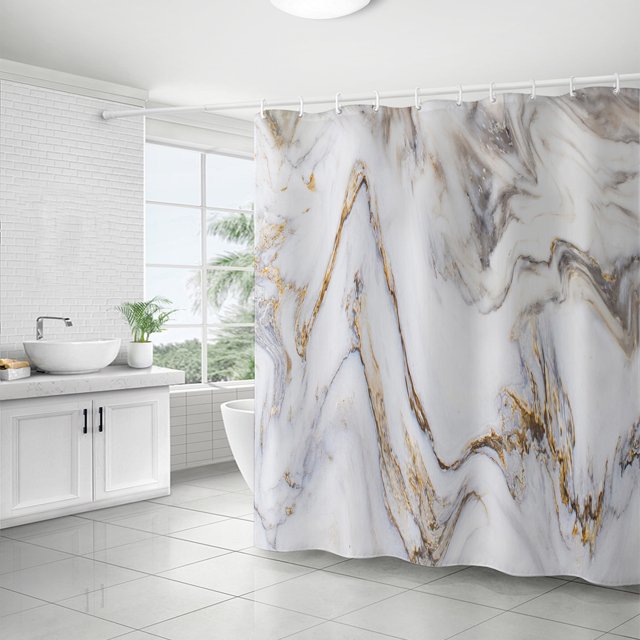 Juegos de baño de mármol con cortina de ducha, cortina de ducha de baño blanca dorada gris abstracta, cortina de ducha de mármol moderna, decoración de baño azul blanco gris