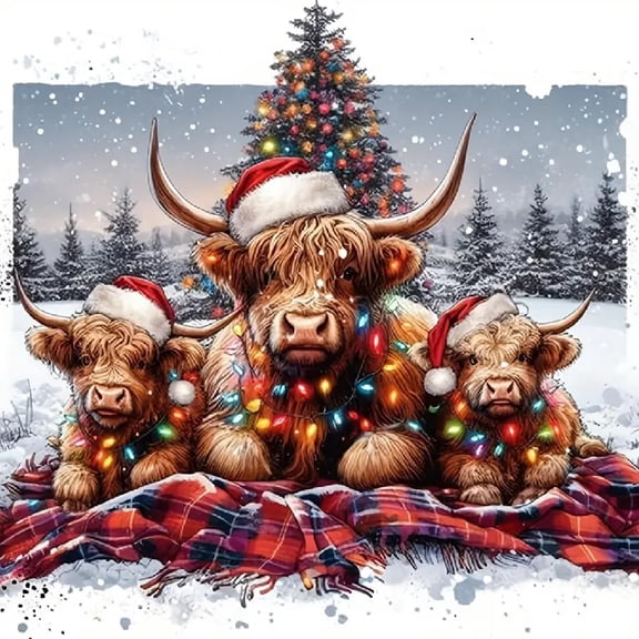 DIY 5D Christmas Highland Cow Diamond Painting Kit, Full Round Drill Winter Snow Scene Highland Cattle with Christmas Lights Diamond Art Canvas for Home Wall Decoration Xmas Gift